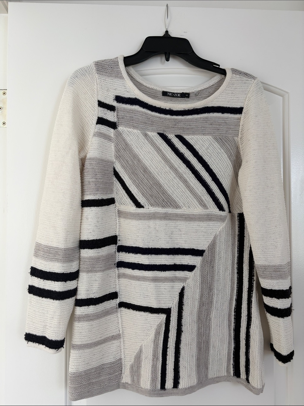 NIC+ZOE Cream, Gray and Black Patchwork Stripe Crewneck Sweater